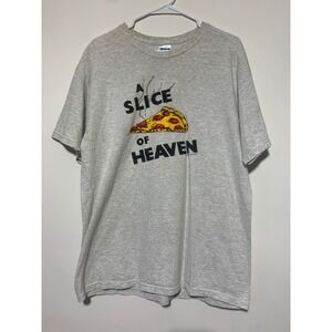 Gildan Men Size L Grey Graphic Mystic Pizza Slice of Heaven Shirt Stained Cracks